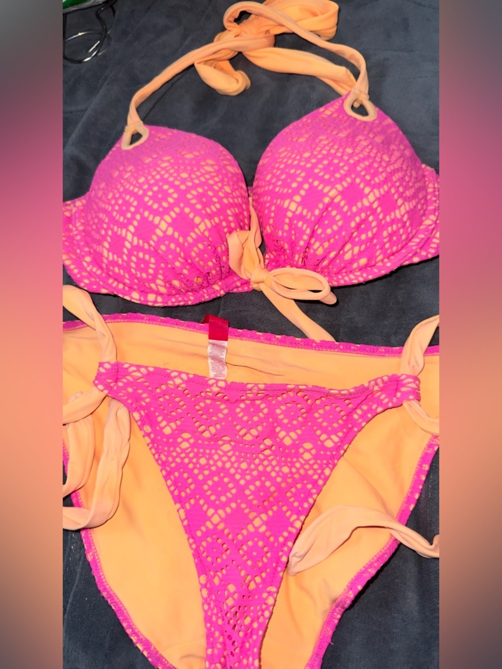 VS Hot Pink & Peach/orange Crochet Two-Piece Bikini Set S/34C Push up